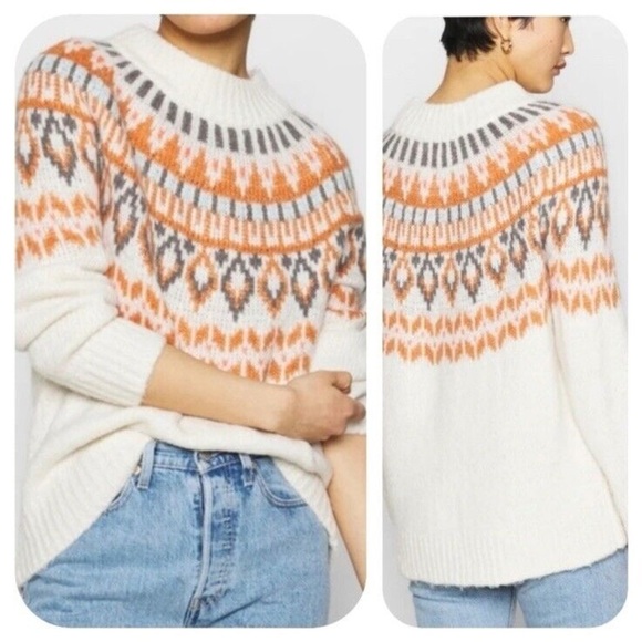 AERIE | Cozy Cream and Orange Patterned Soft Knit Sweater - Picture 1 of 13